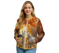 Wanyint Bomber da donna, leggero, con cerniera, vestibilità larga, Y2k, streetwear, colletto alla coreana, cappotto invernale con tasche, S-4XL, Foresta di caduta del cavallo bianco, 3XL