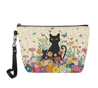 Wanyint Borsa per cosmetici con stampa di lupo per donne e ragazze, impermeabile, alla moda, borsa per il trucco, Gatto Nero Hippie Fiore, Taglia unica