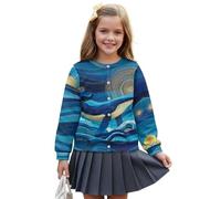 Wanyint Cardigan da ragazza per tutti i giorni, capispalla autunnale a maniche lunghe con stampa morbida, giacche con bottoni frontali in poliestere, età 5-16 anni, Balena Sea Wave Blu, 7-8 Anni