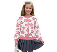 Wanyint Cardigan da ragazza per tutti i giorni, capispalla autunnale a maniche lunghe con stampa morbida, giacche con bottoni frontali in poliestere, età 5-16 anni, Fiori di ciliegio Rosa Bianco, 7-8