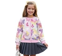 Wanyint Cardigan da ragazza per tutti i giorni, capispalla autunnale a maniche lunghe con stampa morbida, giacche con bottoni frontali in poliestere, età 5-16 anni, Farfalla Rosa Viola, 7-8 Anni