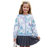 Wanyint Cardigan da ragazza per tutti i giorni, capispalla autunnale a maniche lunghe con stampa morbida, giacche con bottoni frontali in poliestere, età 5-16 anni, Farfalla Blu Viola, 7-8 Anni