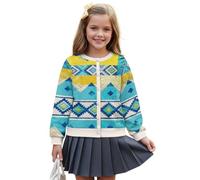 Wanyint Cardigan da ragazza per tutti i giorni, capispalla autunnale a maniche lunghe con stampa morbida, giacche con bottoni frontali in poliestere, età 5-16 anni, Aztec Tribal Teal Giallo, 7-8 Anni