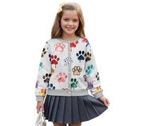 Wanyint Cardigan da ragazza per tutti i giorni, capispalla autunnale a maniche lunghe con stampa morbida, giacche con bottoni frontali in poliestere, età 5-16 anni, Zampa colorata grigia, 7-8 Anni