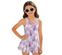 Wanyint Costume da bagno intero per ragazze, scollo a U e schiena a V, con gonna attaccata, vestito da nuoto per le vacanze per bambini dai 3 ai 13 anni, Easter Bunny Daisy Viola, 5-6 Anni