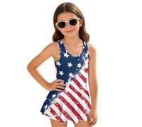 Wanyint Costume da bagno intero per ragazze, scollo a U e schiena a V, con gonna attaccata, vestito da nuoto per le vacanze per bambini dai 3 ai 13 anni, Bandiera americana invecchiata, 8-9 Anni