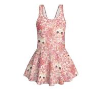 Wanyint Grazioso costume da bagno per ragazze, costume intero con gonna e fodera integrata, costume da bagno con scollo rotondo per spiaggia, età 3-13 anni, Simpatico gatto in fiore di ciliegi, 3-4