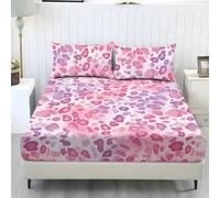 Wanyint Lenzuolo per letto matrimoniale, comodo, lenzuolo con angoli, antiscivolo, aderente su tutto il perimetro, con fondo elastico, set da 3 pezzi, stampa leopardata rosa viola