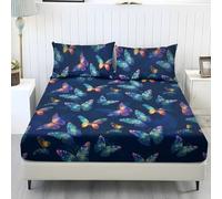Wanyint Lenzuolo per letto matrimoniale, comodo, lenzuolo con angoli, traspirante, aderente su tutto il perimetro, con angoli elasticizzati, set da 3 pezzi, motivo farfalla blu scuro