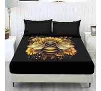 Wanyint Lenzuolo super king size accogliente lenzuolo con angoli traspirante aderente su tutto intorno elastico inferiore lenzuolo con angoli set di 3 pezzi, ape girasole nero