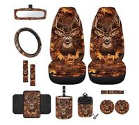 Wanyint Set completo di 12 coprisedili per auto, motivo mimetico con cervi e bosco, con coprisedili anteriori, coprivolante, cintura di sicurezza, pattumiera, bracciolo, specchietto retrovisore,