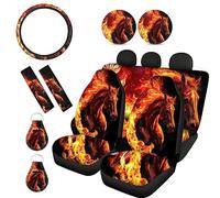 Wanyint Set completo di coprisedili per auto con stampa di cavalli di fiamma, set completo per 11 pezzi, con coprisedili anteriori e posteriori, cuscinetti per cinture di sicurezza, sottobicchiere e