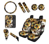 Wanyint Set completo di coprisedili per auto con stampa di mucca girasole e coprisedili anteriori e posteriori, copertura per bracciolo del freno a mano e cambio