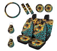 Wanyint Set completo di coprisedili per auto con stampa leopardata e girasole, accessori per auto, accessori per auto, sedile anteriore e posteriore, comodi, coprivolante, cinghia per cintura di