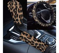 Wanyint Set di 3 accessori per auto con stampa leopardata, copertura universale per volante da 38 cm, antiscivolo e assorbe il sudore, copertura per cambio cambio e freno a mano, unisex, taglia unica