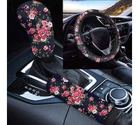 Wanyint - Set di 3 coprivolante decorativo, motivo floreale, morbido e confortevole, per freno a mano, set universale per interni auto, accessori per donne e ragazze