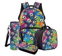 Wanyint Set di 4 borse per libri per ragazzi, per computer portatili da calcio, con borsa termica per il pranzo, astuccio portaborraccia, Calcio vernice Splatter colorato, Taglia unica