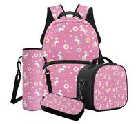 Wanyint Set di 4 zaini da scuola per ragazze, include borsa per libri, borsa frigo, portapranzo, portapenne, porta bottiglia d'acqua, Ciambella Cavallo Rosa, Taglia unica, Zaini Daypack