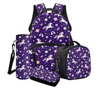 Wanyint Set di 4 zaini da scuola per ragazze, include borsa per libri, borsa frigo, portapranzo, portapenne, porta bottiglia d'acqua, Cavallo Pianeta Luna Stella Viola, Taglia unica, Zaini Daypack