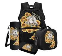 Wanyint Set di 4 zaini da scuola per ragazze, include borsa per libri, borsa frigo, portapranzo, portapenne, porta bottiglia d'acqua, Girasole Cavallo Bianco, Taglia unica, Zaini Daypack