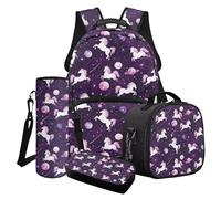 Wanyint Set di 4 zaini da scuola per ragazze, include borsa per libri, borsa frigo, portapranzo, portapenne, porta bottiglia d'acqua, Cavallo Galaxy Planet Viola, Taglia unica, Zaini Daypack