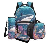 Wanyint Set di 4 zaini per la scuola per bambini, tra cui borsa per libri, borsa frigo, portapranzo, portapenne, borsa porta bottiglia d'acqua, Shark Coral Sea, Taglia unica