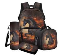 Wanyint Set di 4 zaini per la scuola per bambini, zaino per computer portatile, con borsa per il pranzo, astuccio, borsa porta bottiglie d'acqua, Fiamma Cavallo Nero, Taglia unica, Zaini Daypack