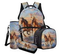 Wanyint Set di 4 zaini per la scuola per bambini, zaino per computer portatile, con borsa per il pranzo, astuccio, borsa porta bottiglie d'acqua, Cavallo in esecuzione Mare, Taglia unica, Zaini