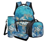 Wanyint Set di 4 zaini per la scuola per ragazze, tra cui borsa per la scuola per bambini, borsa termica per il pranzo, astuccio portaborraccia, portabottiglie, Tartaruga Marina Blu, Taglia unica