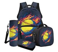 Wanyint Set di 4 zaini per la scuola per ragazzi e bambini, tra cui borsa per la scuola alla moda, borsa per il pranzo, astuccio, portabottiglie d'acqua, Baseball Fuoco Blu Scuro, Taglia unica, Zaini