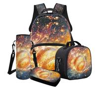 Wanyint Set di 4 zaini per la scuola per ragazzi e bambini, tra cui borsa per la scuola alla moda, borsa per il pranzo, astuccio, portabottiglie d'acqua, Galassia Baseball Flame Oro, Taglia unica