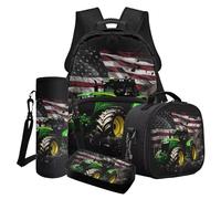 Wanyint Set di 4 zaini per la scuola per ragazzi, tra cui borsa per libri, borsa termica per il pranzo, astuccio portamatite, porta bottiglia d'acqua per adolescenti, Bandiera americana trattore