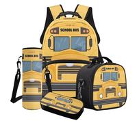 Wanyint Set di 4 zaini per la scuola per ragazzi, tra cui borsa per libri, borsa termica per il pranzo, astuccio portamatite, porta bottiglia d'acqua per adolescenti, Stampa Scuolabus, Taglia unica