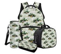 Wanyint Set di 4 zaini per la scuola per ragazzi, tra cui borsa per libri, borsa termica per il pranzo, astuccio portamatite, porta bottiglia d'acqua per adolescenti, Trattore Verde, Taglia unica