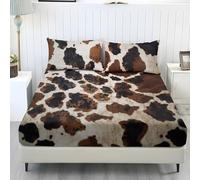 Wanyint Set di lenzuola per letto matrimoniale, morbido, elastico, 3 pezzi, con tasca profonda, set di biancheria da letto con elastico tutto intorno, lenzuolo inferiore aderente, stampa mucca marrone