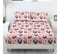 Wanyint Set di lenzuola per letto singolo, comodo e facile da pulire, 3 pezzi, include 1 lenzuolo con angoli e 2 federe, elastico tutto intorno, per decorazioni di San Valentino, gallo, pollo, cuore