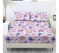 Wanyint Set di lenzuola per letto singolo, con angoli, comodo, resistente allo sbiadimento, con elastico tutto intorno, rimane in posizione per la decorazione della casa, motivo floreale con farfalle