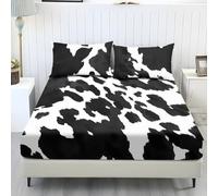 Wanyint Set di lenzuola singole, 3 pezzi, morbide, resistenti allo sbiadimento, facili da pulire, senza pieghe, per tutte le stagioni, per letto singolo, stampa mucca bianca e nera