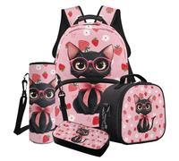 Wanyint Set di zaini per ragazze 4 in 1 per la scuola per bambini, include zaino da picnic, portapranzo, astuccio portapenne, portabottiglie d'acqua, Occhiali Gatto Nero Fragola, Taglia unica, Zaini