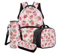 Wanyint Set di zaino per la scuola 4 in 1 per bambini, include borsa per libri a tracolla, portapranzo, astuccio portaborraccia, Fiore Fragola Gradiente, Taglia unica, Zaini Daypack