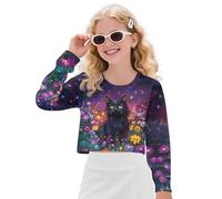 Wanyint Top corto per ragazze a maniche lunghe felpa autunno inverno girocollo pullover casual per bambini 5-14 anni, Galassia fiore gatto nero, 13-14 Years