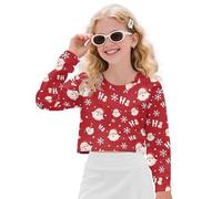 Wanyint Tween - Felpa corta a maniche lunghe, per autunno e inverno, con spalle scese, per bambini dai 5 ai 14 anni, Babbo Natale Ho Ho Ho Rosso, 11-12 Years