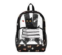 Wanyint Zaino trasparente resistente per la scuola, 43 cm, in tessuto robusto, zaino universitario per viaggi, spiaggia, casual, Paws and Read Black Cat, One Size, Casual