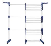 WANZHE - Stendibiancheria a torre, stendibiancheria estensibile e regolabile, grande capienza, con 6 ruote, freno di stazionamento a 360°, plastica e acciaio inossidabile, (blu e bianco)