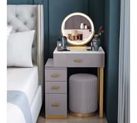 WappiGo Tavolo da toeletta con specchio, moderno tavolo da trucco con specchio LED rimovibile in 3 colori e 4 cassetti, sgabello imbottito, tavolo da trucco per camera da letto per ragazze