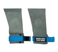 WARM BODY COLD MIND Manopole in pelle, senza fori, per sollevamento pesi, powerlifting, ginnastica, cross training, trazioni, sollevamento pesi, protezione per polsi e palmi (grafite/blu, L, basic)