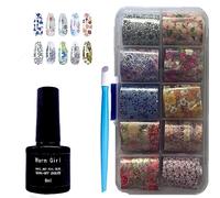 Warm Girl Nail Art Stickers Glue Gel Set, 10 rotoli di pellicola di trasferimento laser Tie-dyes con gel adesivo, per nail fai da te, lampada LED necessaria