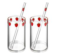 Warmhm 2 Set Bicchiere Di Fragola Tazza Di Vetro Di 300 Ml Bottiglia Di Paglia Chiara Tazza Di Vetro Estetica Tazza Da Bere Tazza Di Stoccaggio Succo Un Vetro Viaggio