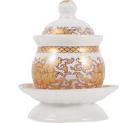 Warmhm Coppa Ceramica Loto per Offerta Acqua, Rituale Buddhista Domestico | Coperchio e Vassoio, Finitura Liscia Motivo Raffinato, per Oggetti Piccoli e Uso Quotidiano