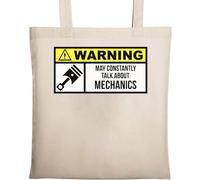 Warning May Constantly Talk About Mechanics Car Piston Graphic Natural Ecological Cotton Tote Bag Beige